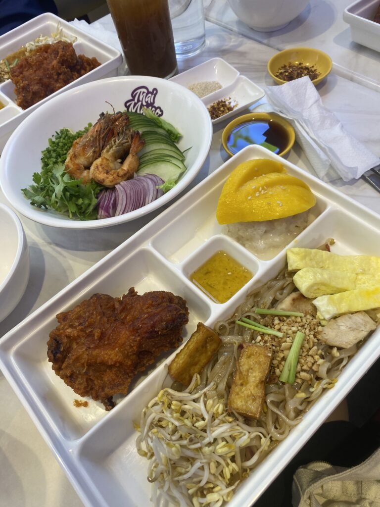 Set meal featuring Pad Thai, Thai Fried Chicken, Mango Sticky Rice, and Iced Tea at Thai Mango BGC